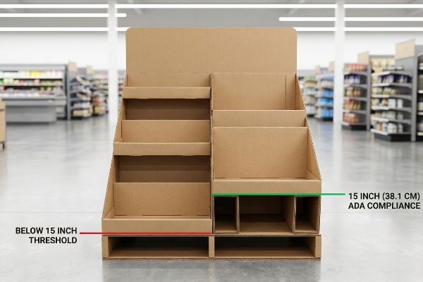 Corrugated cardboard floor display illustrating the 15 Inch (38.1 Cm) ADA Compliance threshold and the Below 15 Inch Threshold line for retail merchandising.