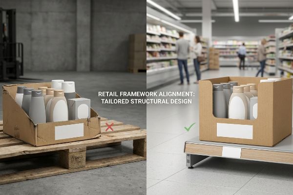 Cardboard display tray showing incorrect warehouse pallet placement versus correct retail shelf alignment, illustrating Retail Framework Alignment: Tailored Structural Design.