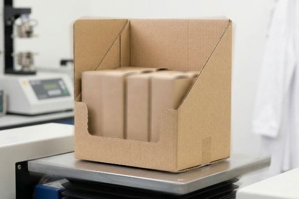 Brown corrugated retail display box with products on a testing platform in a lab, for packaging validation.