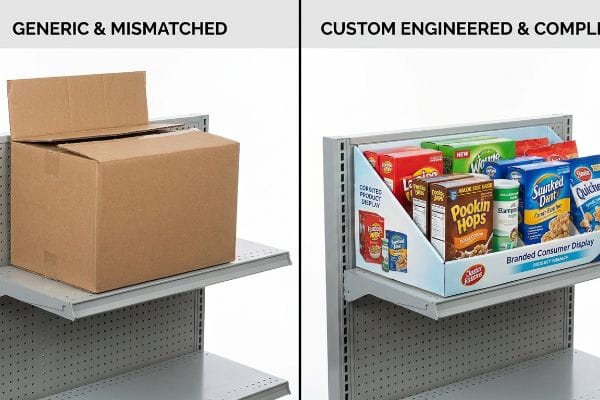 Brown cardboard box and a custom-engineered branded consumer display on retail shelves, contrasting generic and compliant merchandising.