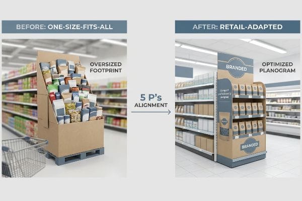 Cardboard retail displays compare 'Before: One-Size-Fits-All' oversized footprint to 'After: Retail-Adapted' optimized planogram, showing 5 P's alignment.