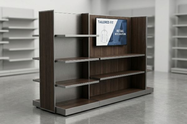Customized retail display rack with dark wood shelves, silver metal frame, and a digital screen showing 'Tailored Fit' and 'Retail Integration'.