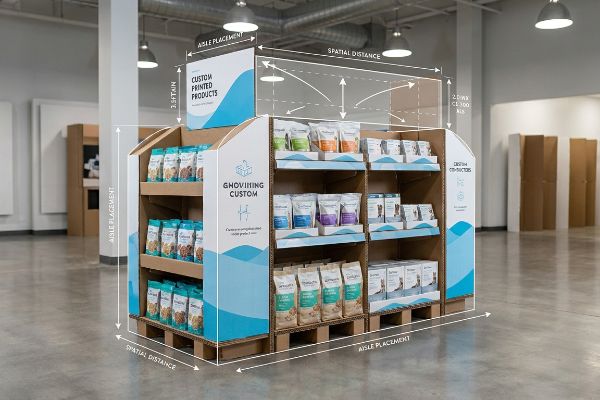 Corrugated retail display with 'Ghovining Custom' branding, showing 'Aisle Placement' and 'Spatial Distance' measurements for custom printed products.