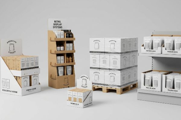 Various corrugated and white cardboard retail display systems, including floor units, countertop merchandisers, palletized boxes, and shelf-ready trays for Premium Goods.