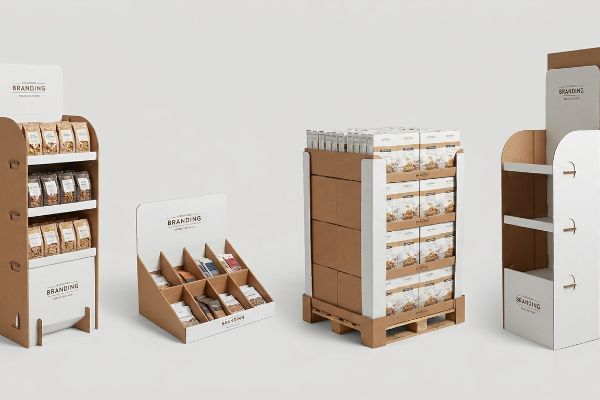 Kraft cardboard retail displays showcase a floor unit, countertop tray, and pallet merchandiser, all featuring 'Branding' text.