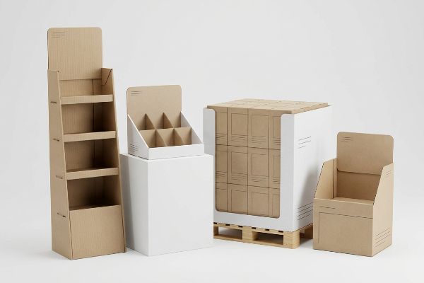 Natural kraft corrugated cardboard floor, countertop, and pallet displays, showcasing various retail packaging solutions.