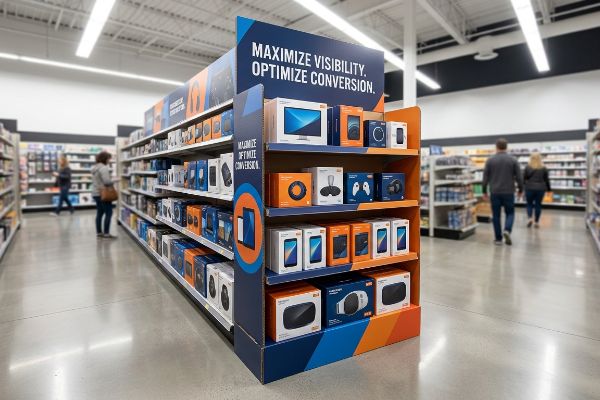 Shoppers browse a retail endcap display featuring electronics like monitors, VR headsets, and smartphones, with text 'Maximize Visibility. Optimize Conversion.'