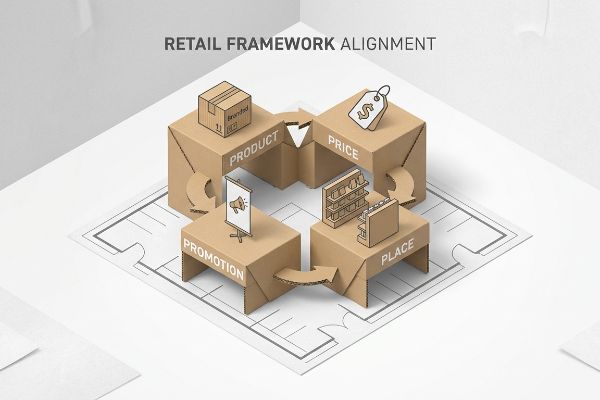 Corrugated cardboard isometric illustration of the Retail Framework Alignment, showing Product (branded box), Price (tag), Place (shelving), and Promotion (megaphone display).