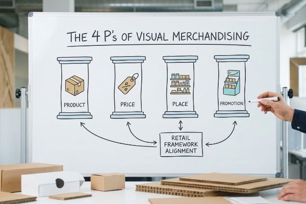 Whiteboard displays The 4 P's of Visual Merchandising: Product, Price, Place, Promotion, and Retail Framework Alignment diagram.