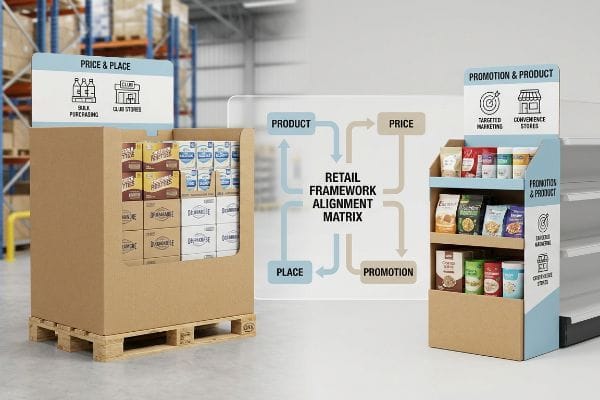 Matrice d'alignement du cadre de vente au détail : produit, prix, distribution, promotion, avec présentoirs pour palettes en vrac et magasins de proximité.