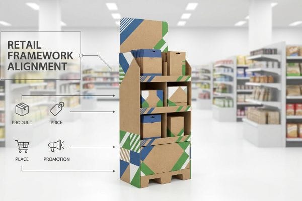 Kraft board retail display, illustrating Retail Framework Alignment: Product, Price, Place, Promotion, with blue and green patterns.