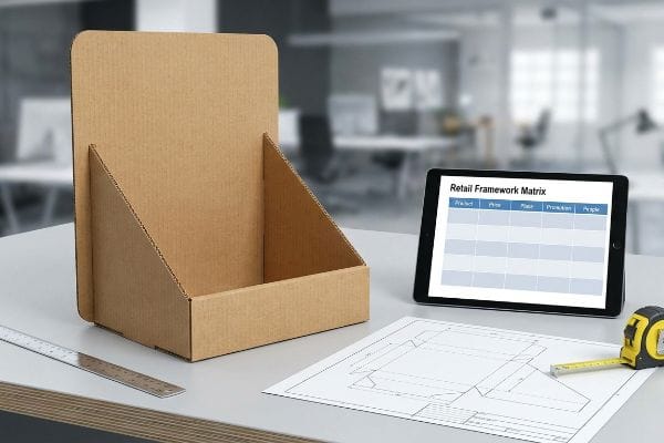 Brown corrugated cardboard counter display box, design blueprints, and a tablet displaying the 'Retail Framework Matrix' with Product, Price, Place, Promotion, People.