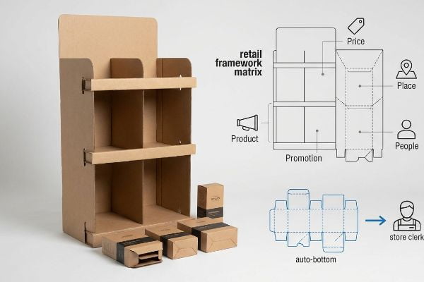 Brown corrugated retail display stand, with diagrams of the Retail Framework Matrix, 5 P's, and Auto-Bottom box assembly for a store clerk.