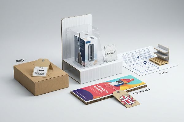 Corrugated display elements illustrate the 4 P's of visual merchandising: Product in an acrylic case, a $19.99 Price tag, a store layout blueprint for Place, and a Promotia Banner with a Sale tag for Promotion.