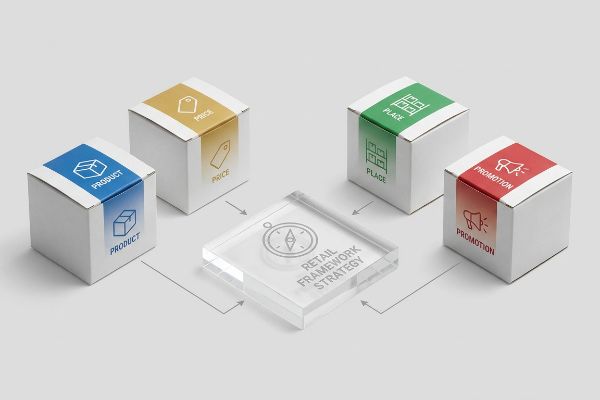 White boxes for Product, Price, Place, and Promotion surround a clear acrylic block detailing Retail Framework Strategy, illustrating the 4 P's of merchandising.