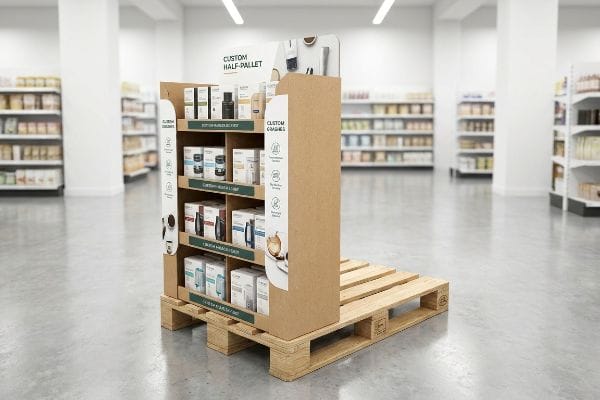 Custom Half-Pallet Display A bright retail store aisle features a custom half-pallet display on a wooden pallet, filled with boxed products. The cardboard unit highlights 'Custom Half-Pallet' and '1 Month Head Start' branding.