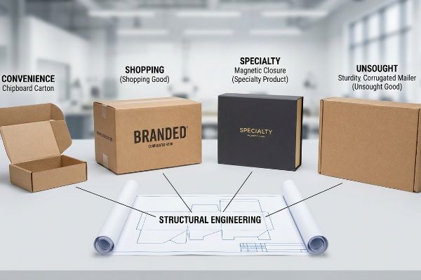 Four retail merchandise packaging types: Convenience Chipboard Carton, Branded Shopping Good, Specialty Magnetic Closure, and Unsought Corrugated Mailer, all linked to a Structural Engineering blueprint.