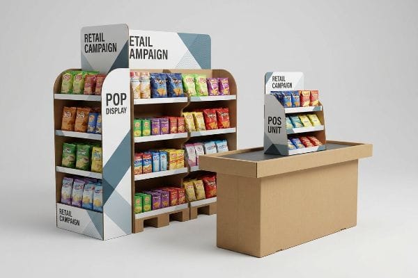 Corrugated cardboard POP Display and POS Unit filled with colorful snack bags, part of a Retail Campaign.