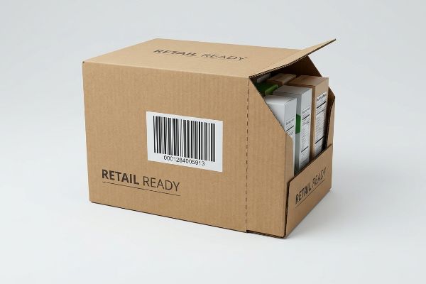 Brown corrugated retail ready packaging box with a UCC-128 barcode and internal product boxes, designed as a shelf merchandiser.