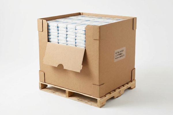 Corrugated retail ready container on a wooden pallet, tear-away panel revealing bulk products. Label: Retail Ready Container - High-Capacity.