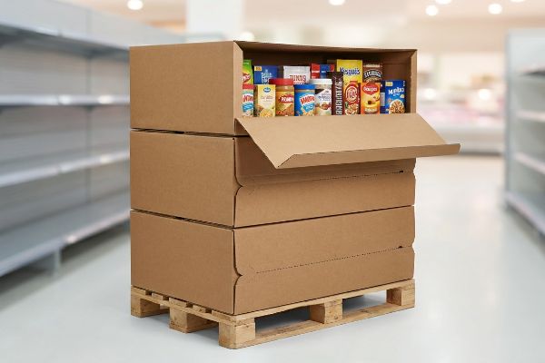 Retail-ready corrugated cardboard display on a pallet in a supermarket, top box open with Nesquik, Lays, and Skippy products.