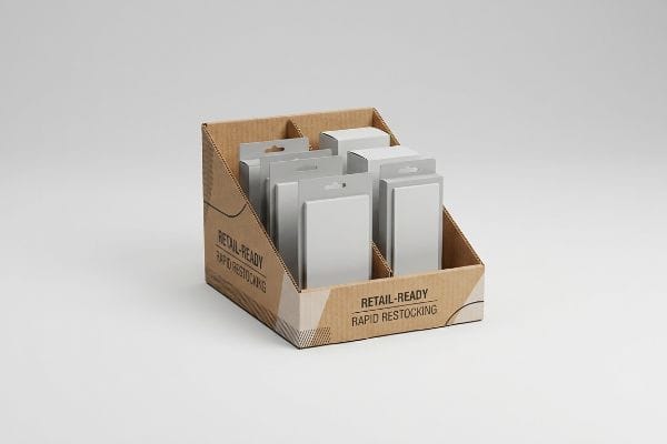 A corrugated PDQ display tray holds white retail-ready blister packs with hang tabs, featuring "Retail-Ready Rapid Restocking" text.