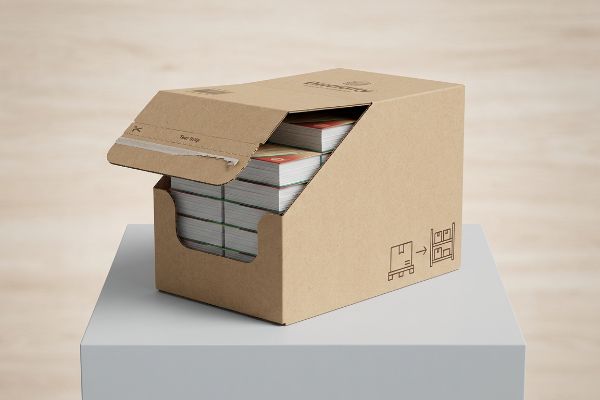Brown retail-ready packaging box, partially open with a visible Tear Strip, displaying stacked products on a white pedestal.