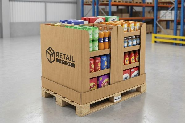 A fully kitted corrugated half-pallet display, featuring the Retail Stockee logo, is positioned on a 48x20-inch wooden pallet, stocked with diverse consumer products in a warehouse setting.