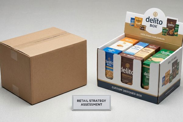 A plain brown corrugated shipping box sits beside a white Delito Box retail display, showcasing various snack product packages. A sign in front reads 'Retail Strategy Assessment'.