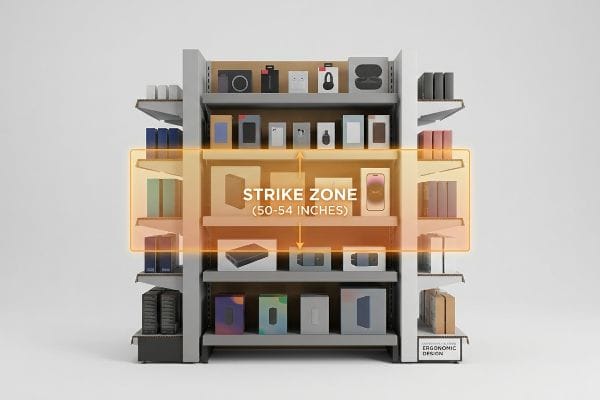 Retail shelf display with an orange highlight showing the Strike Zone (50-54 Inches) for optimal product placement, featuring Ergonomic Design.