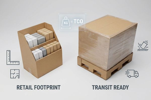 Showcasing corrugated packaging solutions: a Retail Footprint display with products and a Transit Ready palletized box, emphasizing Kg = Tco.