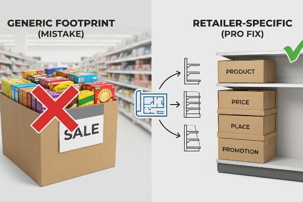 Cardboard display mistake with a red X, contrasted with a Retailer-Specific shelf showing Product, Price, Place, and Promotion boxes, illustrating the 4 P's.