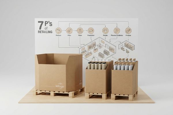 Cardboard retail displays on wooden pallets, including a korlogo floor bin and product bins with bottles, illustrating the 7 P's of Retailing.