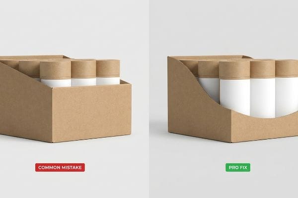 Kraft cardboard display trays show a Common Mistake with a tall retaining lip versus a Pro Fix with a swooping die-cut lip for product visibility.
