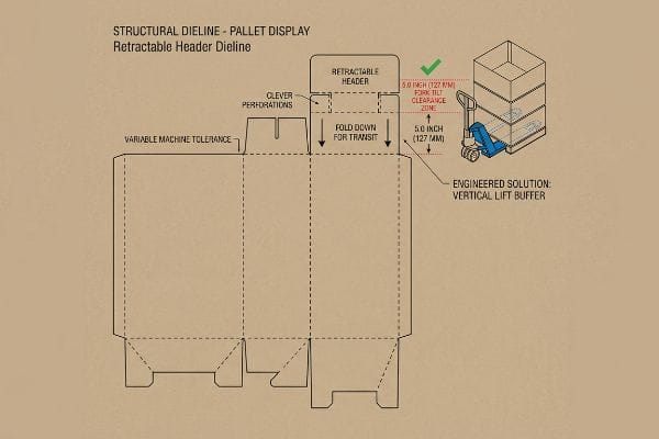 Structural die-line of a pallet display with a Retractable Header Dieline, illustrating 5.0 Inch (127 Mm) Fork Tilt Clearance Zone and Vertical Lift Buffer.