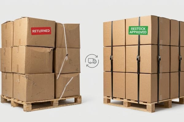 Pallets of cardboard boxes: 'Returned' stack, 'Restock Approved' stack, illustrating reverse logistics.