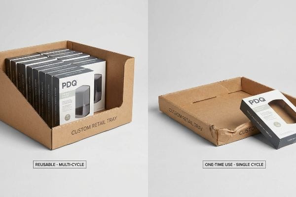 Comparação de duas bandejas personalizadas para varejo: uma bandeja PDQ reutilizável multiciclo intacta, repleta de produtos, e uma bandeja de uso único danificada.