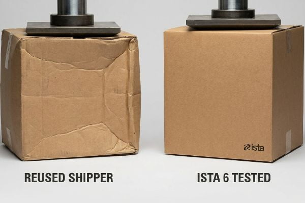 Two brown corrugated boxes under compression: a crushed