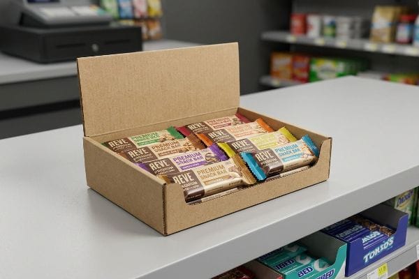 Brown corrugated cardboard CDU displaying multi-flavor Reve Premium Snack Bars with a low front lip for maximum visibility.