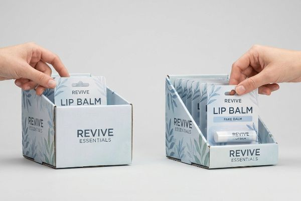 White corrugated cardboard Revive Essentials countertop displays, with hands stocking Revive Lip Balm products, including 'Fake Balm' packaging.
