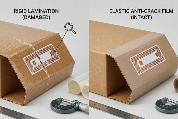 Beschädigter Karton mit einem Mikroriss, der einen RFID-Tag aufgrund der starren Laminierung durchtrennt, neben einem intakten Karton, der durch eine elastische Antirissfolie geschützt ist.
