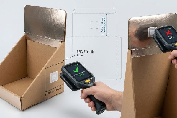 Metallic foil on a cardboard display blocks an RFID signal, while an RFID-Friendly Zone shows 100% signal strength, demonstrating the 4.75-inch (120.6 mm) mask clearance.