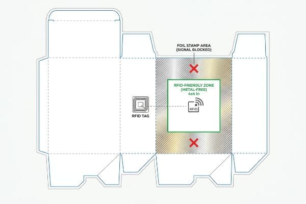 Packaging dieline with Rfid-Friendly Zone (Metal-Free) 4x4 in and Foil Stamp Area (Signal Blocked) for Rfid Tag.