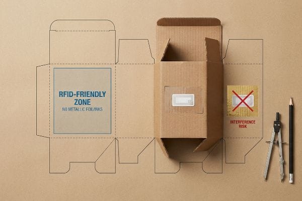 Brown corrugated cardboard dieline featuring an RFID-Friendly Zone, alongside an assembled box and a gold foil area with an 'Interference Risk' warning.
