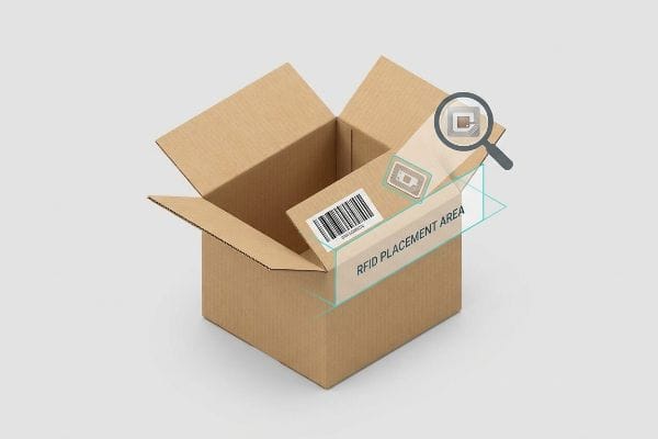 An open brown cardboard box features a barcode label and a translucent overlay indicating an Rfid Placement Area, with a magnifying glass highlighting an Rfid tag.
