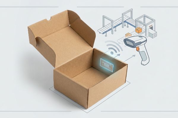 An open brown cardboard box features a glowing RFID tag, demonstrating a handheld scanner reading it for efficient warehouse inventory management.