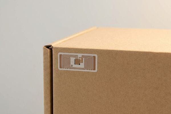 Brown corrugated cardboard box featuring a white RFID tag sticker with a visible antenna pattern and microchip, demonstrating inventory tracking technology.