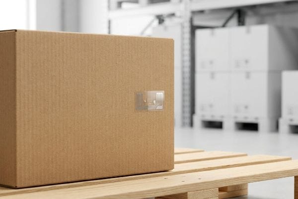 A brown corrugated box with an RFID tag on a wooden pallet in a warehouse, demonstrating inventory tracking.