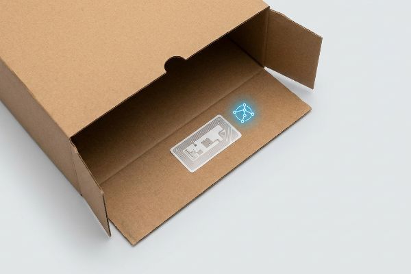 Open brown corrugated cardboard box with an RFID smart label and glowing blue digital network icon for tracking.
