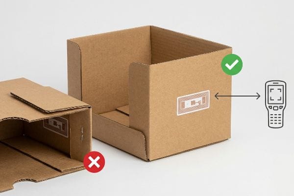 Corrugated boxes demonstrate RFID tag placement: incorrect under a folded flap, correct on an outer panel for scanner readability.